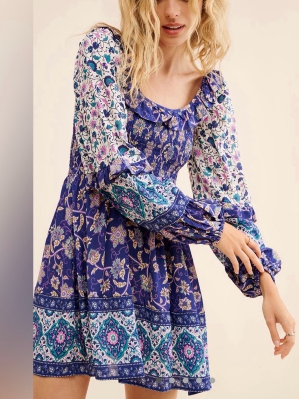 Spell x Nuuly Clairvoyant smocked floral boho mini dress size Large
